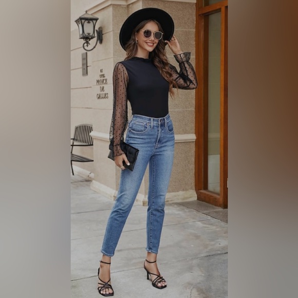 Blooming Jelly Mock Neck Tops Mesh Long Sleeve Shirts Polka Dot Ruffle Elegant - Picture 2 of 13